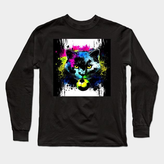 Black Cat Soccer Player - Soccer Futball Football - Graphiti Art Graphic Paint Long Sleeve T-Shirt by MaystarUniverse